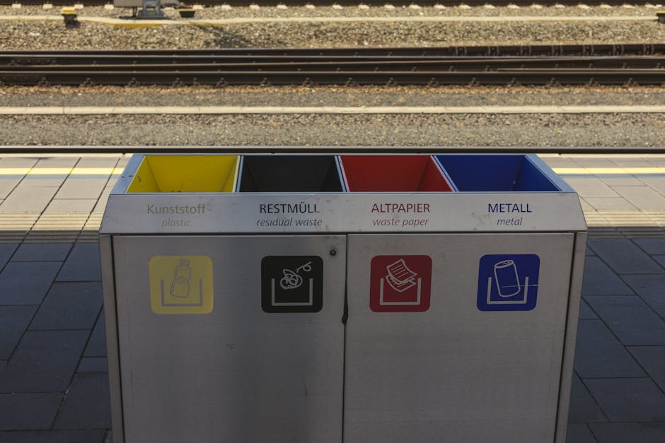 A metallic waste disposal bin with four top compartments labeled in multiple languages for different waste types, positioned on a concrete platform at a train station platform near railway tracks. The compartments are color-coded with yellow, black, red, and blue sections, each designated for specific waste materials: plastics, residual waste, waste paper, and metal. Each compartment features a pictogram illustrating the type of waste accepted, such as a bottle for plastics, a crossed-out cigarette for residual waste, a stack of paper for waste paper, and a can for metal. The bin is situated adjacent to the edge of the platform, with the rail tracks visible in the background, bathed in natural daylight. The scene reflects an organized approach to separate waste collection at a public transport location, aligning with private rubbish disposal practices often employed for on-site waste management. The surface around the bin is composed of square paving slabs, and a yellow safety line runs parallel to the train tracks in the background, emphasizing the station environment, while Waste Removal Catford may sometimes facilitate alternative waste handling outside traditional council collection services.